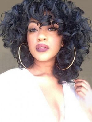Black Curly Wig African American Wig UK Shoulder Length Cheap Capless Wig