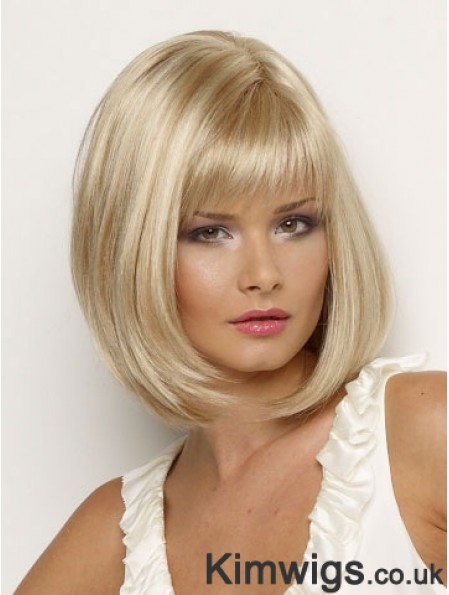 Chin Length Blonde Wig Synthetic Wig With Bangs Straight Hair