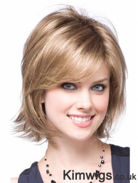 Synthetic With Capless Chin Length Blonde Color Layered Cut