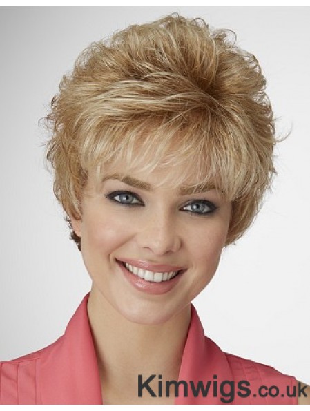 Sleek Synthetic Hair Wig Layered Style Cropped Length Blonde Color