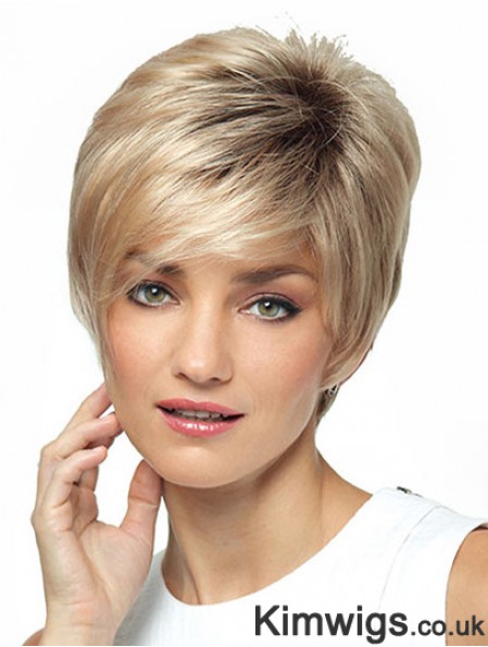 Synthetic Short Ladies Wig With Bangs Short Length Blonde Color