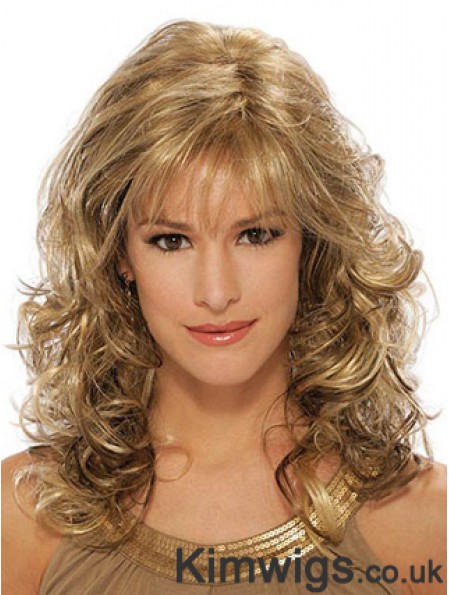 Wavy Synthetic Wigs Blonde Color Capless With Bangs
