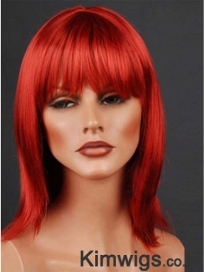 Synthetic Lacefront Wig Monofilament Straight Style Red Color With Bangs