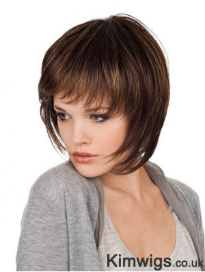 Brown Chin Length Straight With Bangs 10 inch Natural Medium Wigs