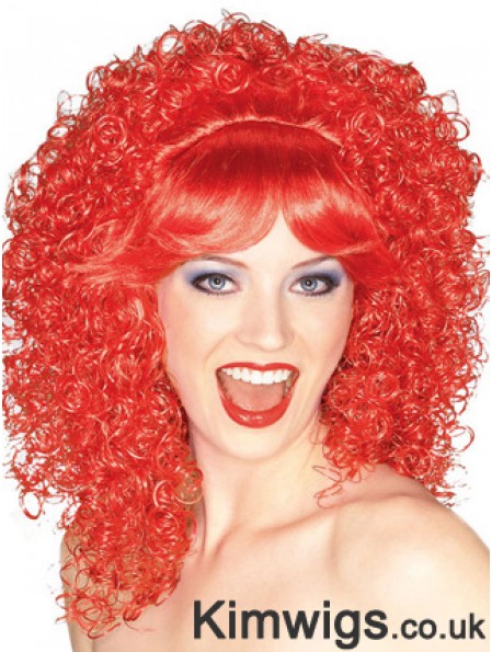 Red Shoulder Length Kinky With Bangs 16 inch High Quality Medium Wigs