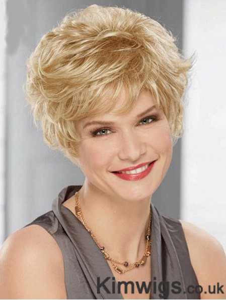 Cheap Synthetic Blonde Color Layered Cut Wavy Style