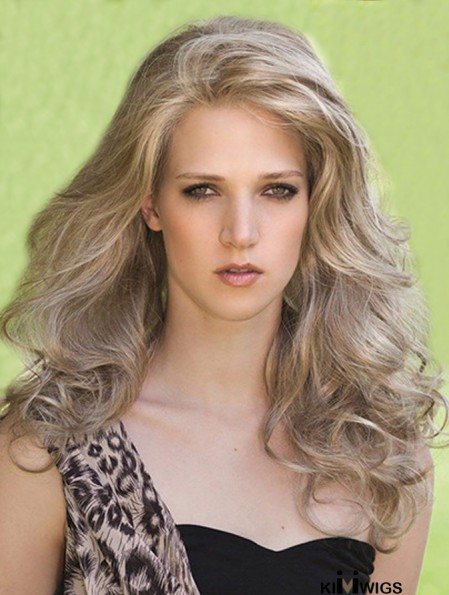 Designed Blonde Long Without Bangs Wavy Glueless Lace Front Wigs