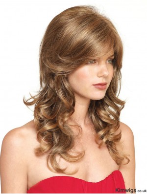 Natural Blonde Curly With Bangs Lace Front Long Wigs