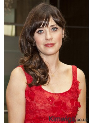 Fashionable Auburn Shoulder Length Wavy 20.5 inch With Bangs Zooey Deschanel Lace Wigs