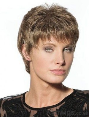 Suitable Brown Cropped Boycuts Straight Glueless Lace Front Wigs