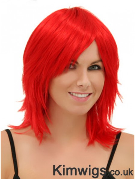 Red Shoulder Length Straight Without Bangs 14 inch Modern Medium Wigs