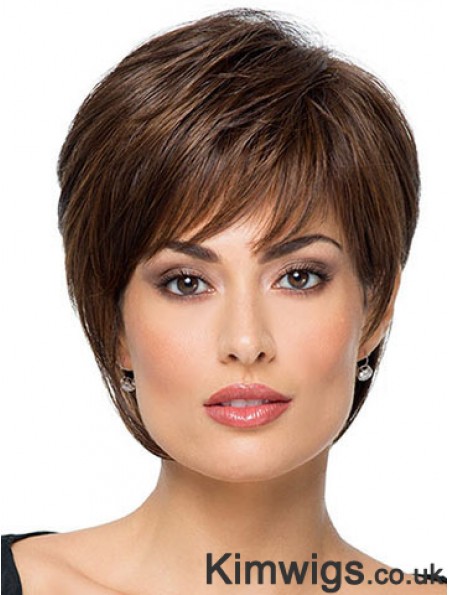 Suitable 8 inch Straight Brown With Bangs Short Wigs