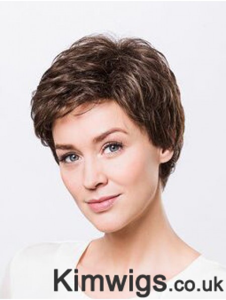 Brown Boycuts Short 8 inch Wavy Synthetic Ladies Monofilament Wigs