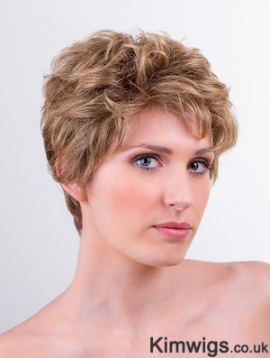 Synthetic Monofilament 6 inch Boycuts Wavy Blonde Short Wigs For Women