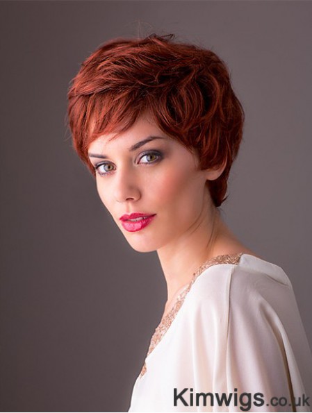 Synthetic Monofilament 8 inch Layered Wavy Red Short Style Wigs