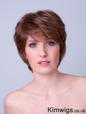 Synthetic Monofilament 8 inch Layered Straight Brown Ladies Short Hair Wigs