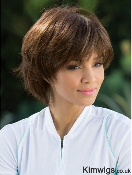 Straight Brown With Bangs 8 inch Mono Top Wigs