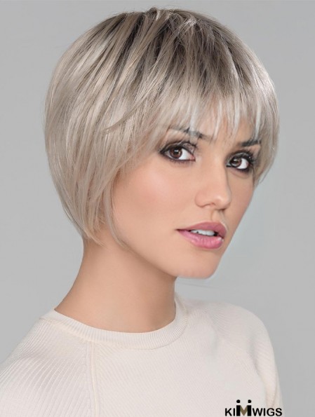 Platinum Blonde With Bangs Straight 6 inch Short Monofilamen Crown Wigs