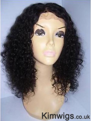 Curly Human Hair With Lace Front Black Color Shoulder Length