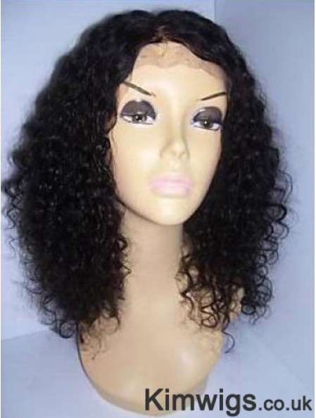 Curly Human Hair With Lace Front Black Color Shoulder Length