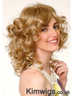 Layered Blonde Curly Shoulder Length 16 inch Durable Medium Wigs