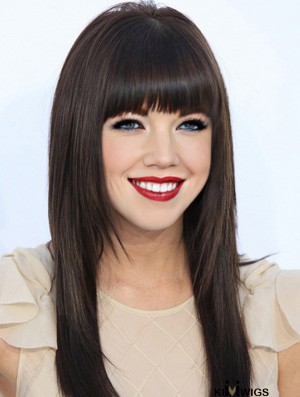 Human Hair Carly Rae Jepsen Wigs 100% Hand Tied Black Color With Bangs