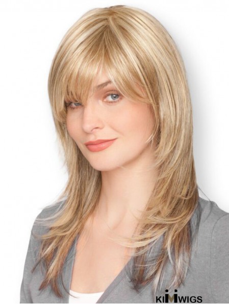 Blonde 16 inch Sleek Long Straight With Bangs Lace Wigs