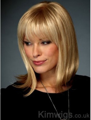 Straight With Bangs Shoulder Length Blonde Affordable Lace Front Wigs