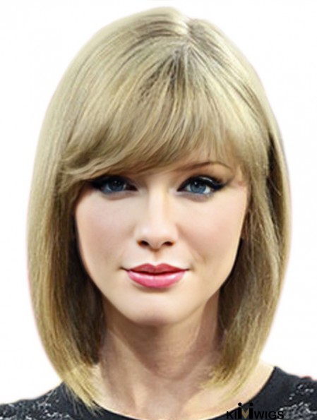 100% Hand-tied With Bangs Straight Shoulder Length Blonde Top Taylor Swift Wigs