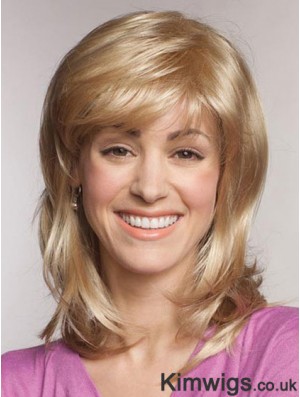 Straight With Bangs Shoulder Length Blonde Popular Lace Front Wigs