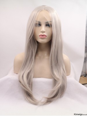 Wavy Long Without Bangs Grey Lace Front 25 inch Synthetic Wigs