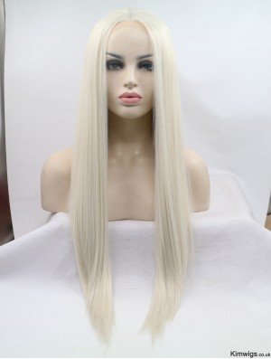 Lace Front Without Bangs Long Straight Grey 28 inch Synthetic Wigs