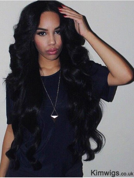 Remy Human Hair 26 inch Without Bangs Black Wavy 360 Lace Wigs