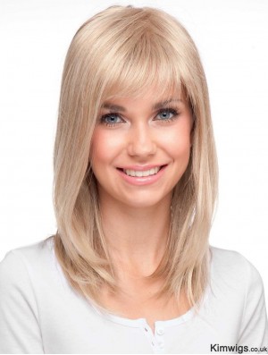 High Quality Blonde Straight With Bangs Monofilament Long Wigs