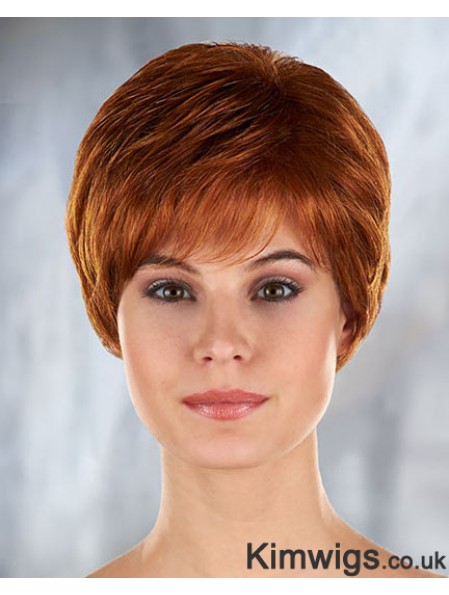 Auburn Curly Synthetic Short With Bangs Mono Filament Wigs