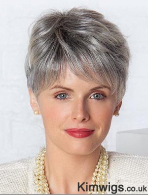 Monofilament Lace Wigs Grey Cut Straight Style Short Length