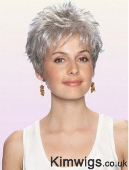 Grey Wig With Capless Cropped Length Boycuts Wavy Style