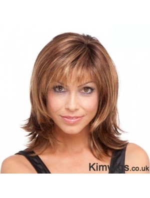 Shoulder Length Layered 12 inch Straight Brown Medium Wigs