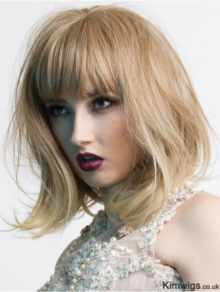 Shoulder Length With Bangs 14 inch Wavy Blonde Medium Wigs