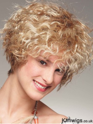 Chin Length With Bangs 8 inch Curly Blonde Medium Wigs