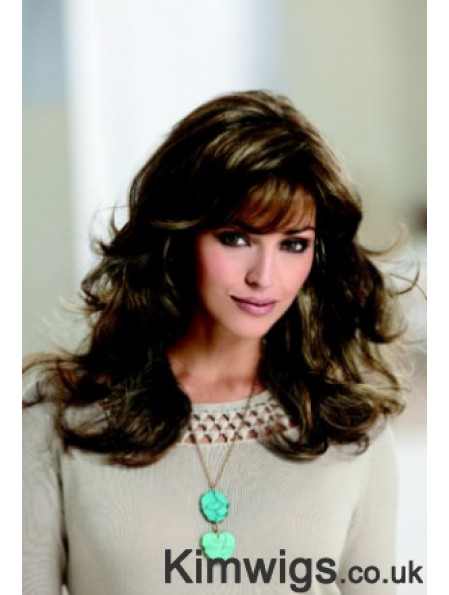 Sleek Brown Wavy With Bangs Capless Long Wigs