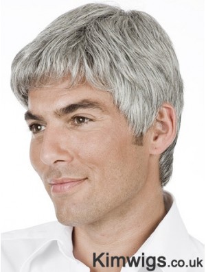 Men Wig Grey Short Remy Human Hair Wig Hand Tied 6 Inch