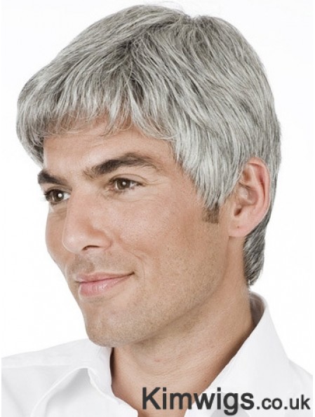 Men Wig Grey Short Remy Human Hair Wig Hand Tied 6 Inch