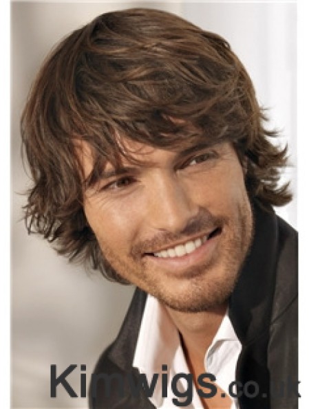 Brown Remy Human Short Wavy Monofilam Cheap Wigs For Men