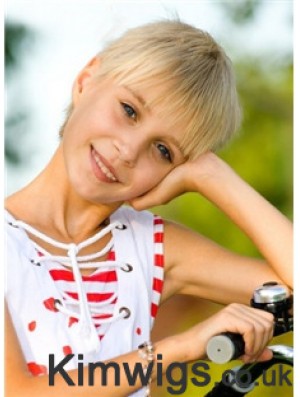 Straight Short Blonde Remy Human Hair 100% Hand-tied Kids Wigs