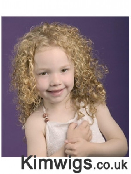 Curly Shoulder Length Blonde Synthetic 100% Hand-tied Kids Wigs