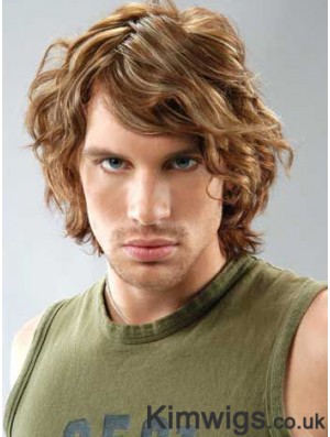 Lace Front Brown Remy Human Curly With Bangs Men's Wigs In UK