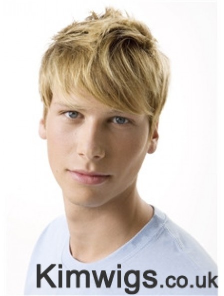 Remy Human 100% Hand Tied Short Wavy Blonde Wigs For Men