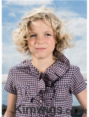 Curly Chin Length Blonde Synthetic 100% Hand-tied Kids Wigs