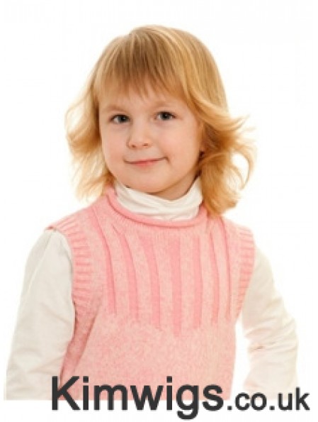 Wavy Shoulder Length Blonde Remy Human Hair 100% Hand-tied Kids Wigs